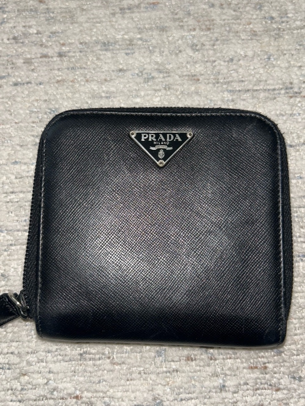 Prada Black Saffiano Zip Wallet with Triangle Logo